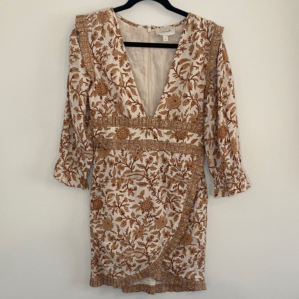Cleobella Victoria Mini Dress in Autumn Block Print Cream Brown Size Small